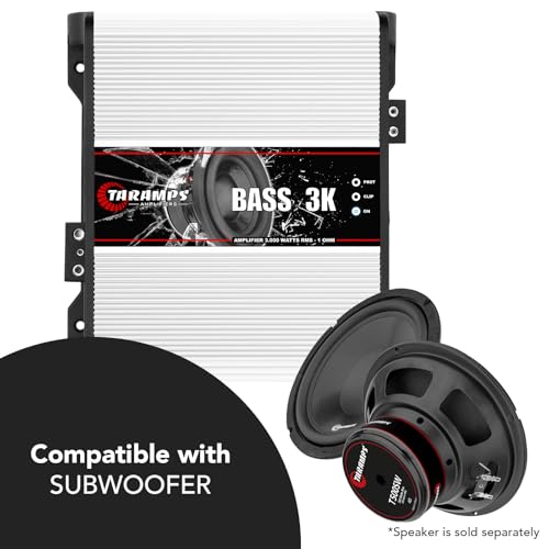 Taramps Bass 3k 1 Channel of 1 Ohm 3000 watts RMS Class D Amplifier Mono Subsonic Filter Low Pass Car Audio 14.4 VDC Highest Technology, Monoblock White Amplifier High Technology Max Power Amp