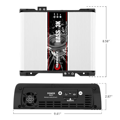 Taramps Bass 3k 1 Channel of 1 Ohm 3000 watts RMS Class D Amplifier Mono Subsonic Filter Low Pass Car Audio 14.4 VDC Highest Technology, Monoblock White Amplifier High Technology Max Power Amp