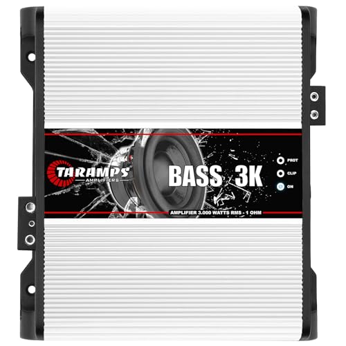 Taramps Bass 3k 1 Channel of 1 Ohm 3000 watts RMS Class D Amplifier Mono Subsonic Filter Low Pass Car Audio 14.4 VDC Highest Technology, Monoblock White Amplifier High Technology Max Power Amp