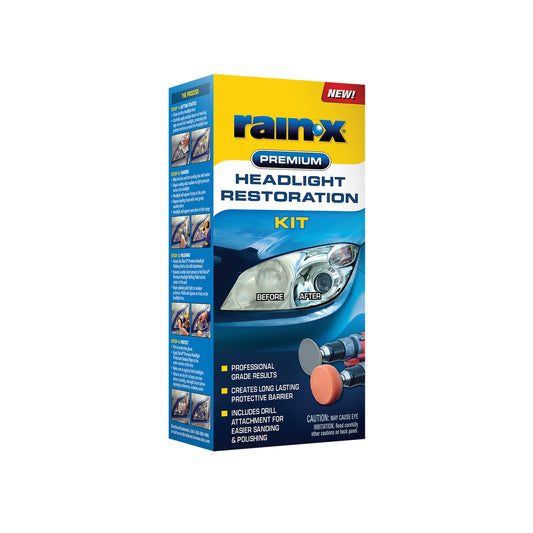 Rain-X 610153 Headlight Restoration Kit - Car Light Lens Cleaner/Restorer with Sanding & Polishing Drill Attachments & Sealant Wipe, Removes Scratches & Oxidation- All in 1 Long Lasting Formula