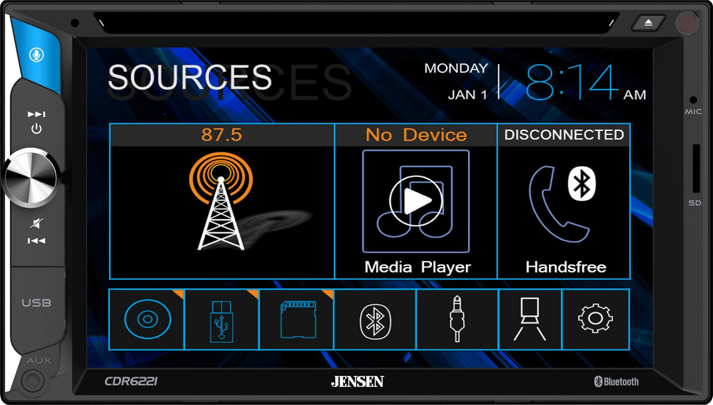 Jensen CDR6221 6.2 inch LED CD/DVD Touch Screen Double Din Car Stereo | Push to Talk Assistant | Backup Camera Input | Bluetooth | USB Fast Charging | microSD