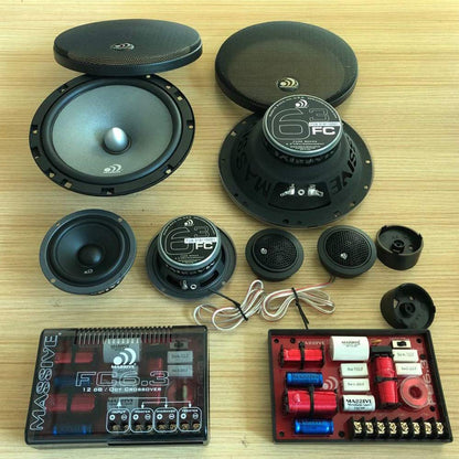 Massive Audio FC6.3 – 6 Inch / 6.5 Inch 3-Way, 150w/300 Watts Max, 6.5 Inch Mid-Bass, 3 Inch Mid-Range, 25mm Tweeter, 4 Ohm, 12db X-Over, Component Kit Speakers. Pair