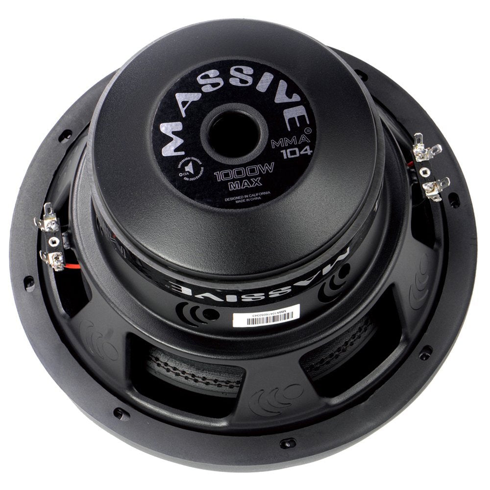 Massive Audio MMA104 MMA Series. 10 Inch, 1000 Watt, Dual 4 Ohm Car Subwoofer, 2.5 Inch Voice Coil. Sold Individually.