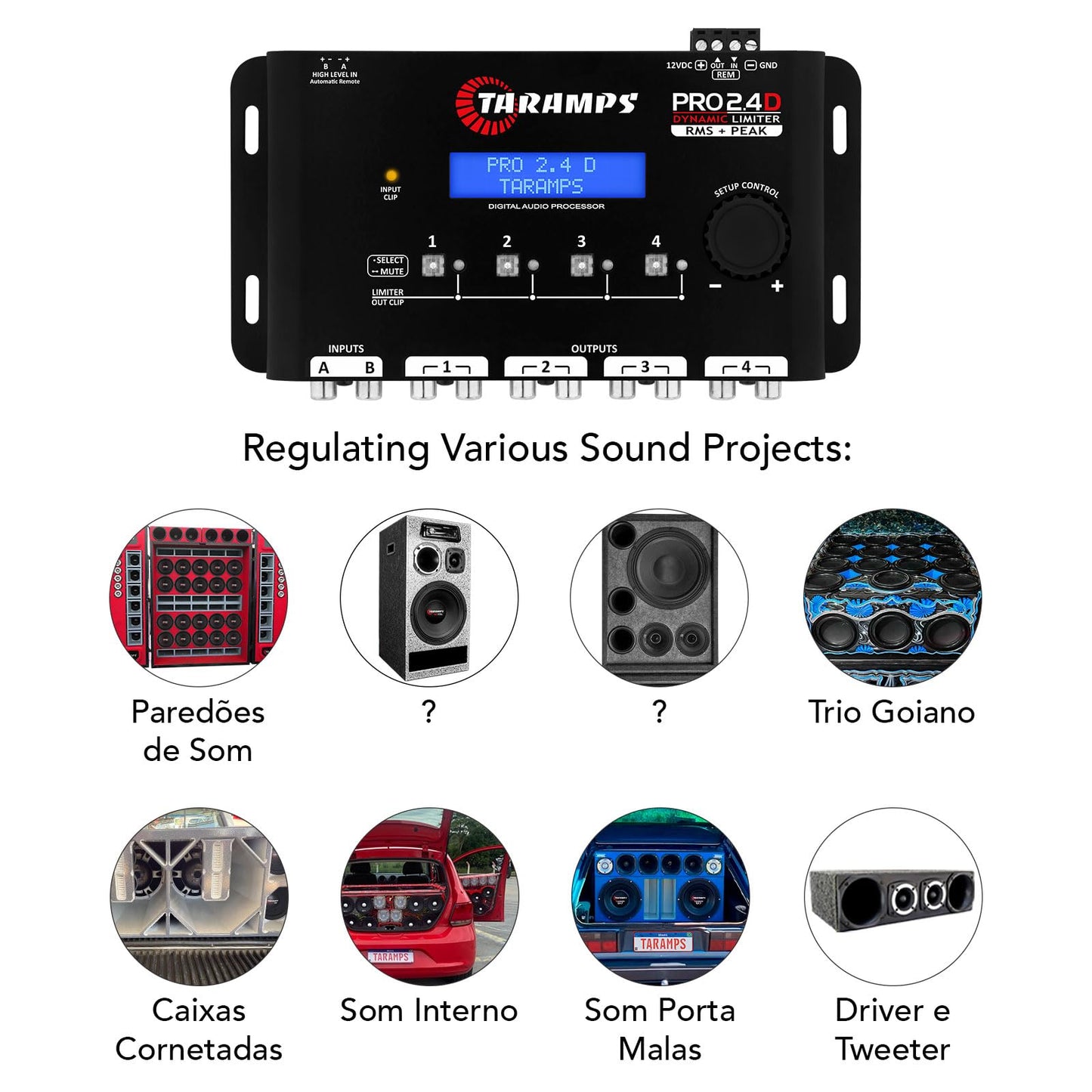 Taramps Pro 2.4D Dynamic Peak DSP Crossover Full Digital Signal Processor and Equalizer with 4-Channel Out, 5-Band Input Equalizer 12 preset, Peak Limiter Function