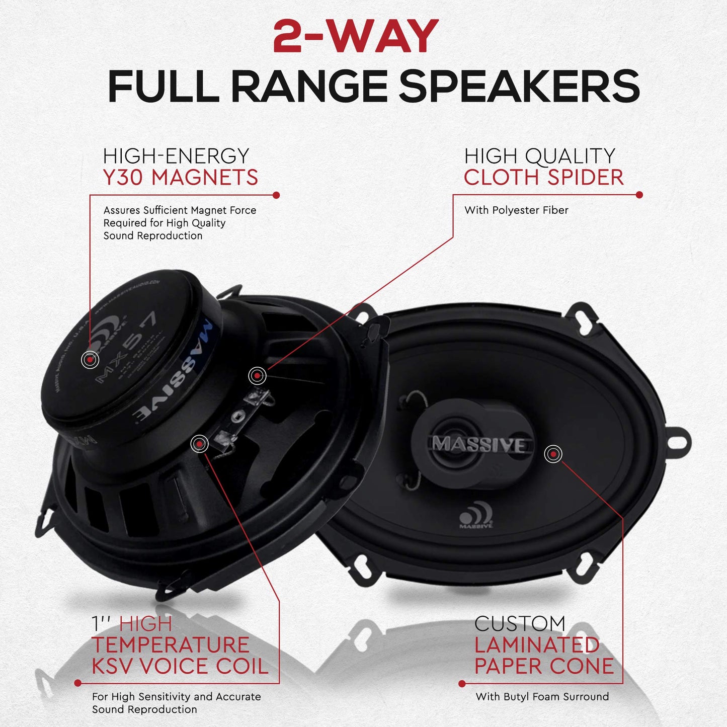 Massive Audio MX57-5X7 / 6x8, 50 Watts RMS, MX Series Coaxial Speakers, 13mm Dome Ferro Fluid Tweeters, 1 “ High Temp Voice Coils, 12dB Crossovers, 4 Ohm (Sold AS Pair)