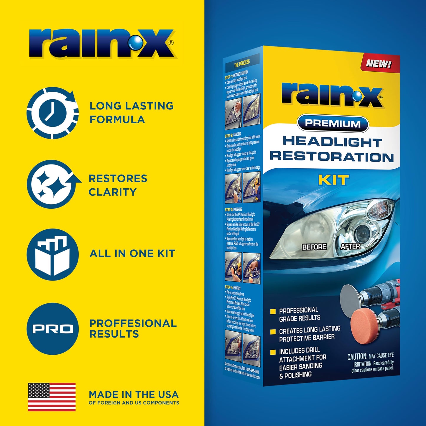 Rain-X 610153 Headlight Restoration Kit - Car Light Lens Cleaner/Restorer with Sanding & Polishing Drill Attachments & Sealant Wipe, Removes Scratches & Oxidation- All in 1 Long Lasting Formula