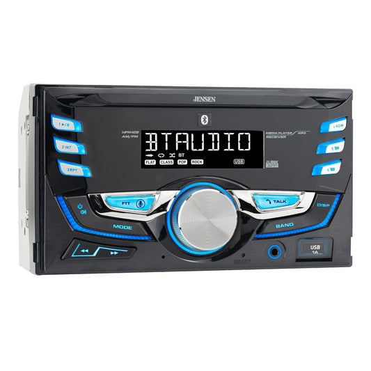 JENSEN MPR420 7 Character LCD Double DIN Car Stereo Receiver | Push to Talk Assistant | Bluetooth Hands Free Calling & Music Streaming | AM/FM Radio | USB Playback & Charging | Not a CD player