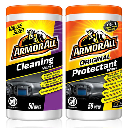 Armor All Car Cleaning Wipes and Protectant Wipes, Interior Car Wipes -50 Count (Pack of 2)