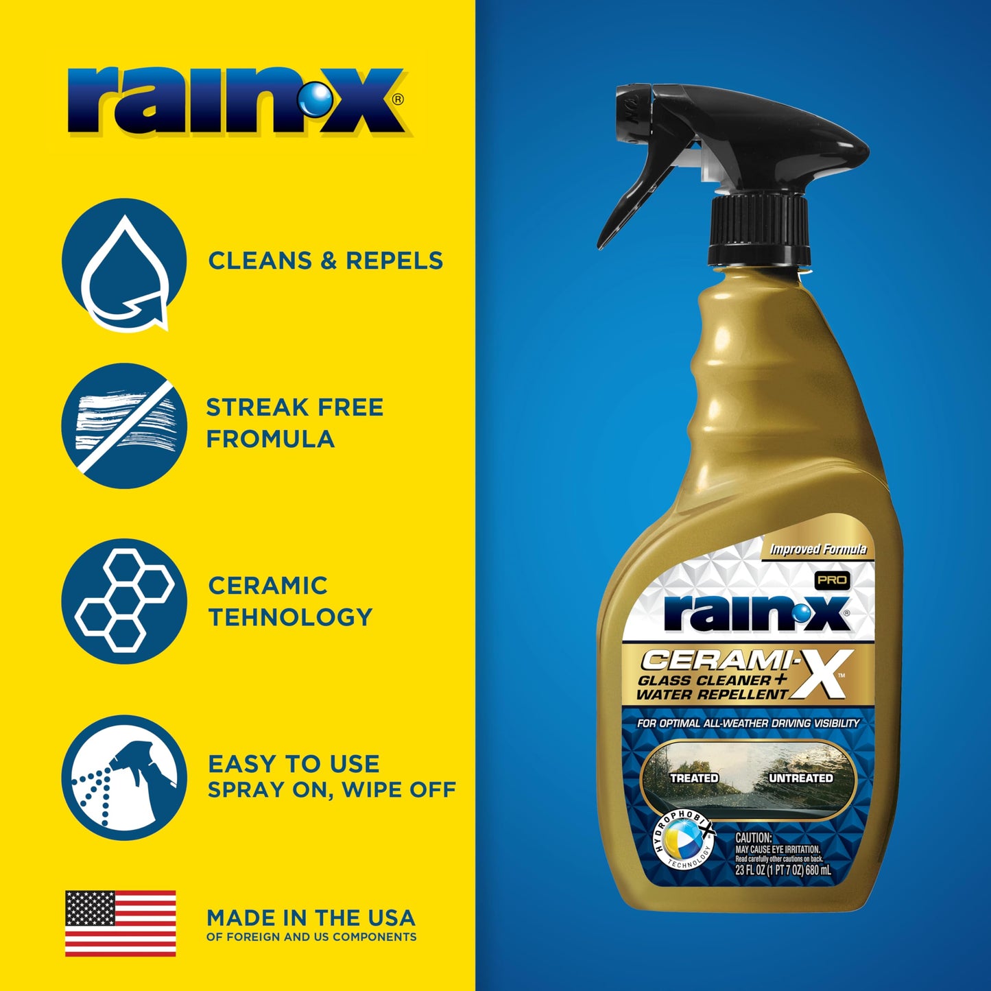 Rain-X 630177SRP Cerami-X Glass Cleaner + Water Repellent, 23oz - Improved Haze-Free Formula for Enhanced Streak Free Clarity, Driving Visibility and Lasting Repellency