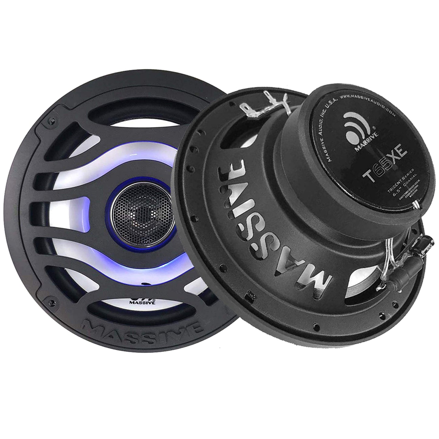 Massive Audio T65XE 6.5 Inch 80 Watts RMS / 320 Watts Peak, Marine Coaxial Speaker for Boats, UTVS, Off Road, Gold Carts, Motorcycles, Runabouts with Multi Color RGB LED Pulse Lighting. Sold As Pair