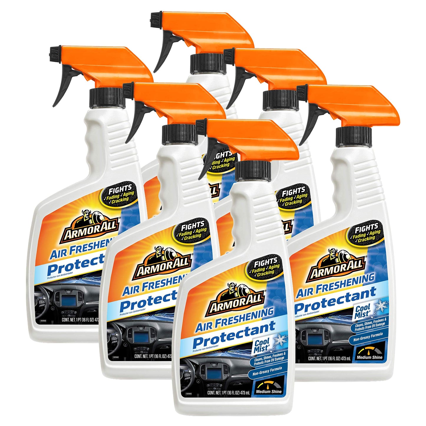 Armor All Car Air Freshener and Cleaner - Odor Eliminator and Protectant for Cars & Truck, Cool Mist, 16 Fl Oz Spray Bottles, Pack of 6, 78511-6PK