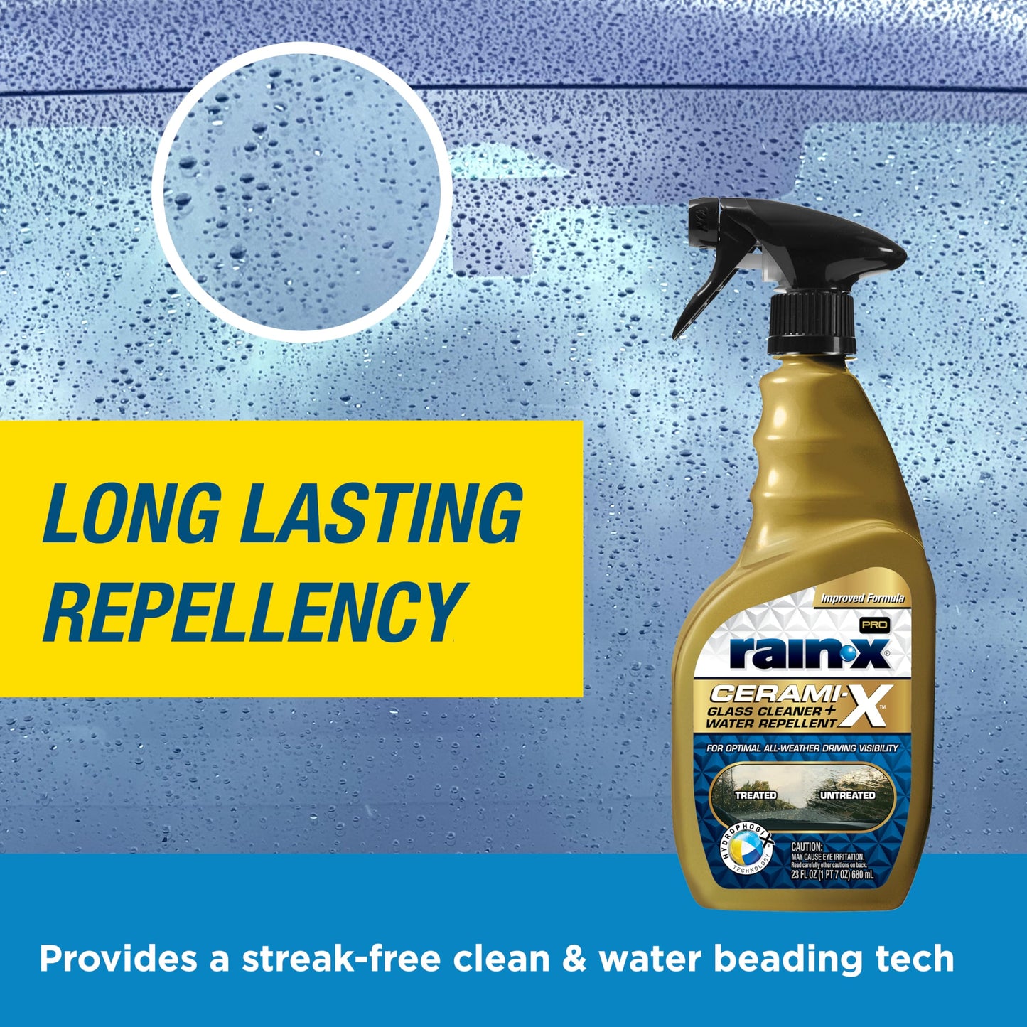 Rain-X 630177SRP Cerami-X Glass Cleaner + Water Repellent, 23oz - Improved Haze-Free Formula for Enhanced Streak Free Clarity, Driving Visibility and Lasting Repellency